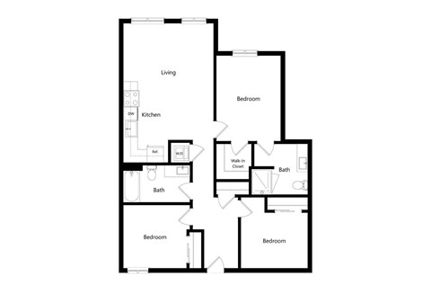 Floor plan for 3 beds, 2 baths, 1024 sqft